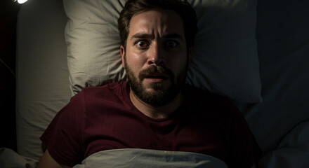 A terrified man jolted awake in the dead of night, his wide eyes reflecting the dim light of his bedroom, his fear palpable in the hushed darkness.
