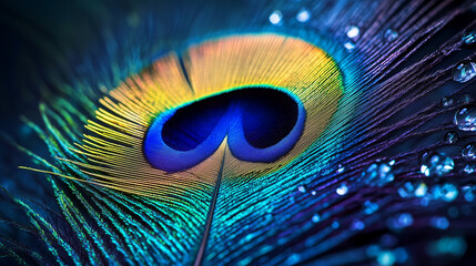 Obraz premium Single elegant peacock feather signature eye pattern with shimmering details on a turquoise background with vibrant, detailed textures, сlose-up.