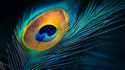 Obraz premium Single elegant peacock feather signature eye pattern with shimmering details on a turquoise background with vibrant, detailed textures, сlose-up.