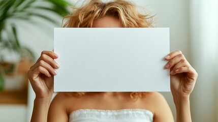 A young woman with wavy blonde hair holds a blank sheet of paper in front of her face, evoking a sense of mystery.