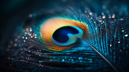 Naklejka premium Single elegant peacock feather signature eye pattern with shimmering details on a turquoise background with vibrant, detailed textures, сlose-up.