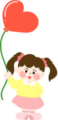 A cute illustration of a smiling little girl holding a heart-shaped balloon. With rosy cheeks and a cheerful expression, this character is perfect for preschool materials, greeting cards, sticker desi