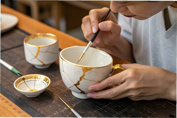 A still from life: a man carefully repaired a broken object – for example, a favorite cup. The cracks were repaired with gold using the technique of "kintsugi" (Japanese art of restoration). A symbol 