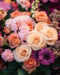 Captivating floral arrangement with peach roses and purple daisies in soft focus for romantic backdrop