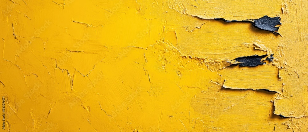 Poster textured yellow wall with peeling paint revealing dark undercoat creating an abstract pattern and ru