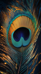 Obraz premium Single elegant peacock feather signature eye pattern with shimmering details on a turquoise background with vibrant, detailed textures, сlose-up.