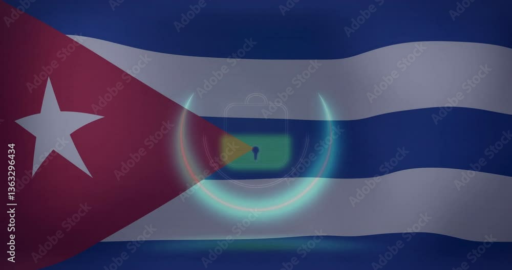 Poster cuban flag with digital lock symbolizing cybersecurity and protection in animation design