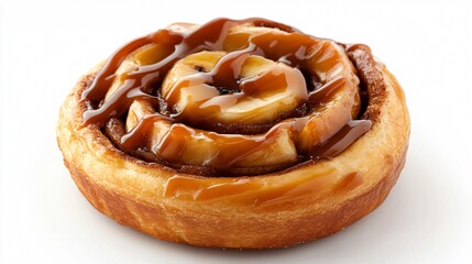 Fototapeta premium A freshly baked cinnamon roll with caramelized banana filling, drizzled with a smooth caramel glaze