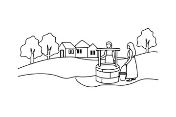 Rural Village Well Scene Woman, Man, Bucket, Water, Houses