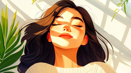 A young East Asian woman relaxes in sunlight, basking in warmth with serene expression, surrounded by tropical greenery.