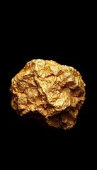 Rough, textured gold ore lump against dark background, shiny, treasure, quartz