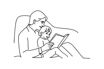 Father and Child Reading Book Together, Line Art Illustration