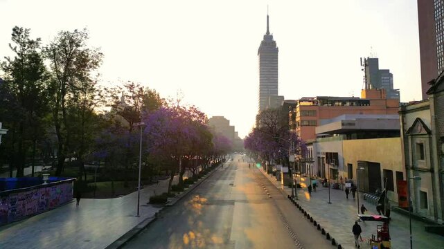 Centro hist&oacute;rico de la Ciudad de M&eacute;xico, amanecer en primavera con jacarandas