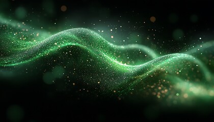 An abstract flowing green particles design against a dark background