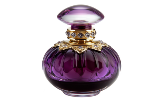 Elegant purple perfume bottle with gold accents and crystal decorations on isolated Transparent Background, png