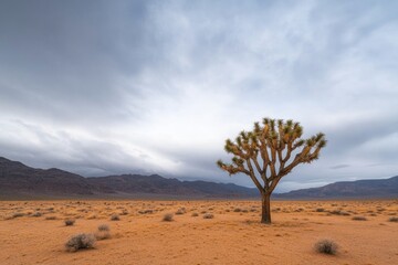 Obraz premium solitary joshua tree stands against expansive sunlit desert landscape shadows stretching far evoking timeless beauty