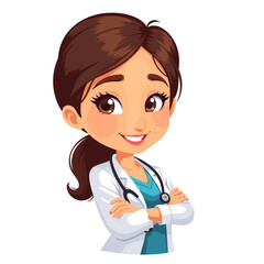 Cartoon female doctor smiling confidently with arms crossed  