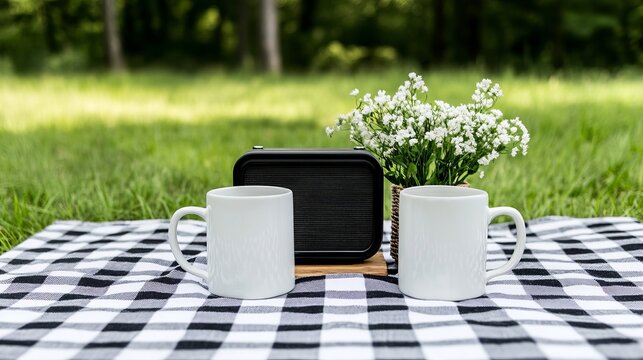 Elegant Vintage style picnic with old radio enamel mugs and checkered blanket nostalgic outdoor charm 