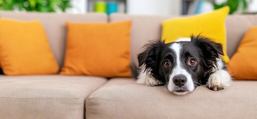 Dog resting on couch with pillows