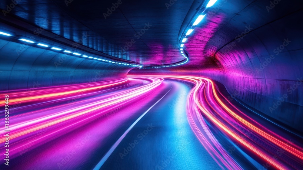 Poster neon illuminated tunnel with motion blur creating abstract light trails and a futuristic atmosphere 