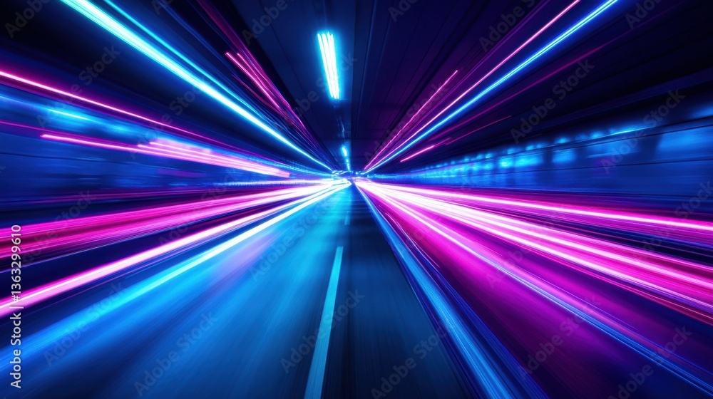 Poster dynamic motion blur of neon lights in a tunnel creating a sense of speed and futuristic travel adven