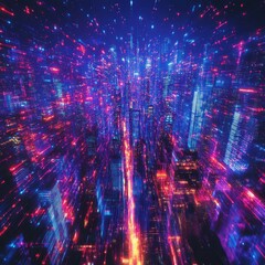 Obraz premium Futuristic Cityscape with Vibrant Neon Lights and Dynamic Motion Blur Creates an Immersive Cyberpunk Atmosphere