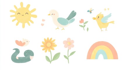 Cute sun, birds, flowers, and rainbow illustrations on a white background for kids