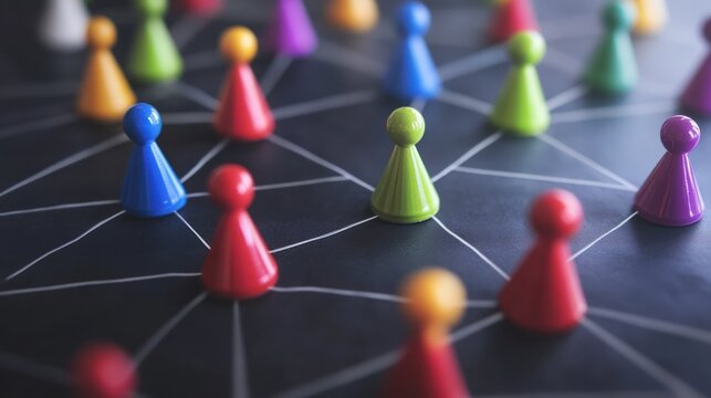 Colorful game pieces connected to a network with lines