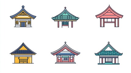 Asian architecture icons; temples, pagodas; illustrations; website design