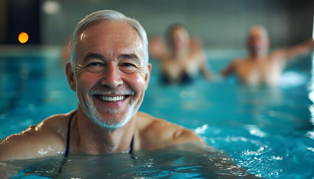 Close-up portrait of smiling senior man in swimming pool with group. Elderly male attends aqua aerobics fitness classes. Water sport activity, healthy lifestyle, group aquatherapy.