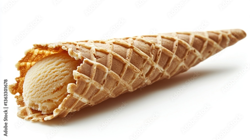 Poster vanilla ice cream cone on white background in studio shot with bright lighting and soft shadows for 