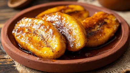A warm and inviting setting of caramelized banana halves served on a rustic clay plate with a drizzle of homemade caramel