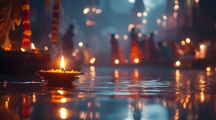 A single diya (oil lamp) floats on water, its flame casting a warm glow against a softly blurred background of many other lights and people, creating a serene and spiritual atmosphere.