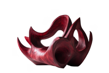 Abstract red wooden sculpture with swirling shapes isolated Transparent Background, png