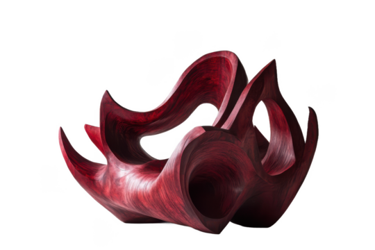 Abstract red wooden sculpture with swirling shapes isolated Transparent Background, png