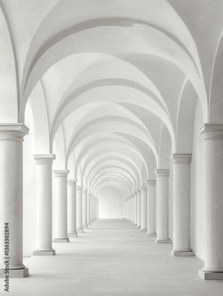 Poster serene architectural corridor with white pillars and arches creating a symmetrical perspective and b