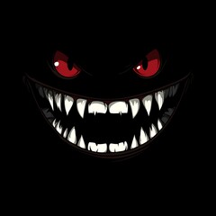 Naklejka premium Dark cartoon face with bloodshot eyes and sharp teeth photo