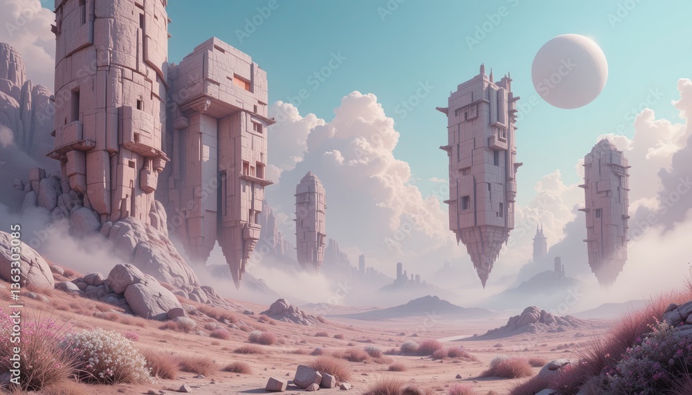 Poster floating structures exploring a dreamlike landscape with ethereal clouds and a surreal environment