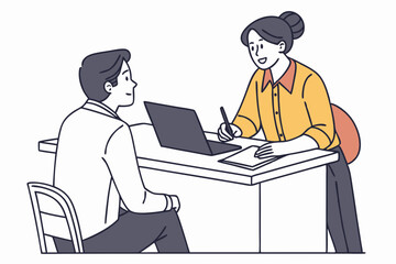 Vector manager conducting a performance review meeting with an employee in an office