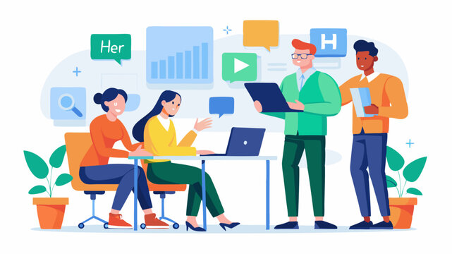 Vector HR department team discussing hiring strategies and recruitment process in an office