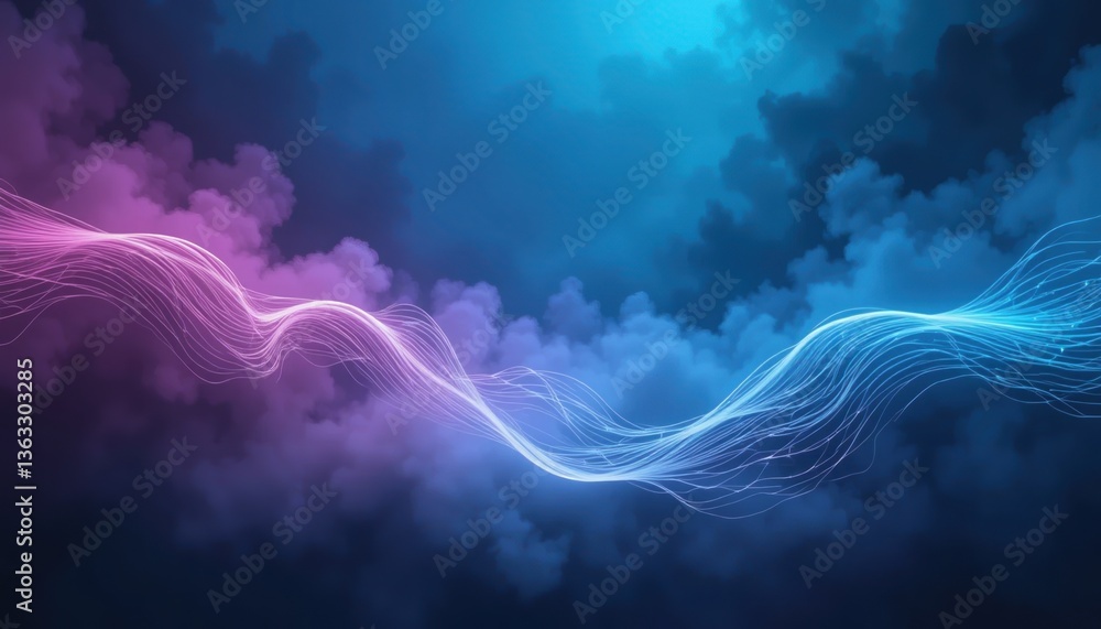 Poster dynamic flow of colorful light waves abstract digital art futuristic environment ethereal viewpoint 
