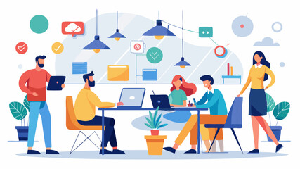 Vector modern coworking space with professionals networking and working together