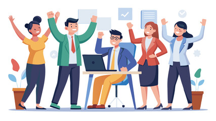 Vector office team clapping and cheering for a successful business project completion