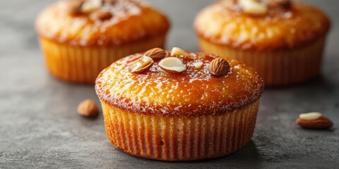 Delicious cupcakes topped with almonds and a glossy glaze arranged on a dark textured surface