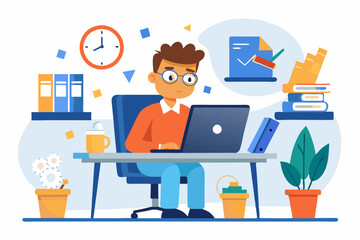 Vector overwhelmed employee struggling to meet deadlines at a cluttered office desk