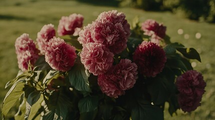 Vivid pink flowers in warm light, lush green leaves, natural beauty and calm atmosphere