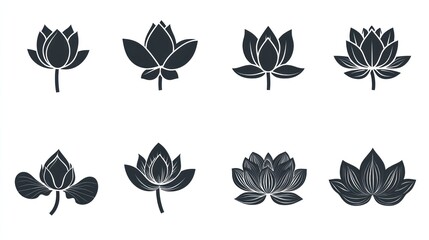 Eight lotus flower silhouettes; design elements for serenity, purity, and spiritual themes; white background; web/print design