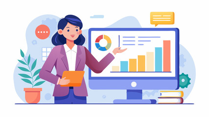 Vector professional woman explaining data analysis on a computer screen in an office