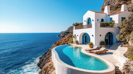 Obraz premium A luxurious Aegean-style villa with whitewashed walls, blue arched windows, an infinity pool, and stunning sea views, perched on a rocky cliffside under a clear blue sky.