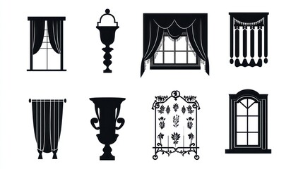 Fototapeta premium Black and white silhouette art of curtains, vases, and window designs isolated